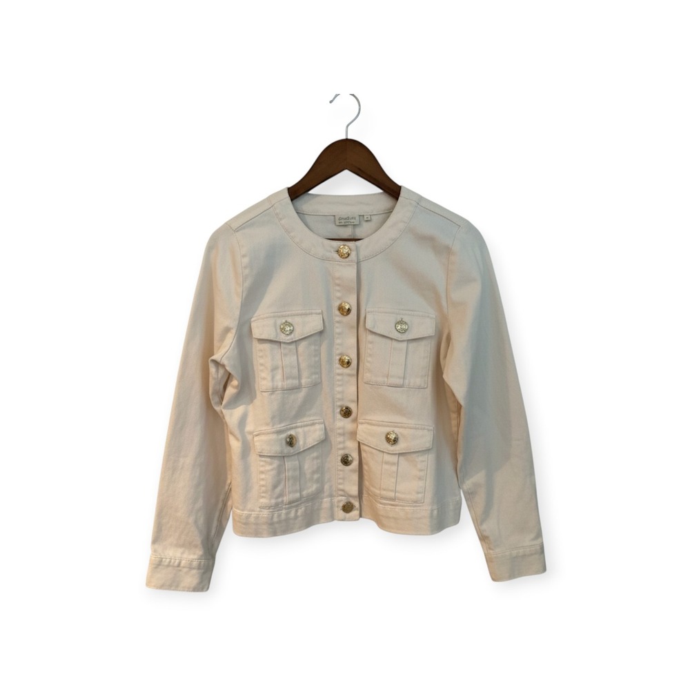 Spartina 449 Cream Kinsley Denim Utility Jacket Gold Crest Button Pockets Small